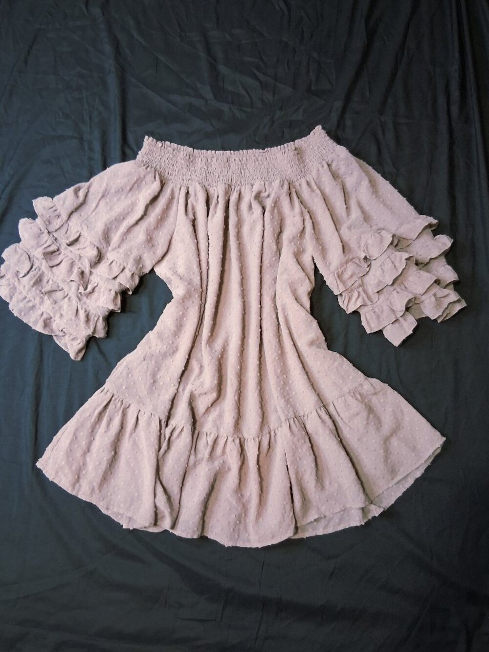 Wishlist Apparel Swiss Dot Off The Shoulder Tiered Ruffle Sleeve Dress ML